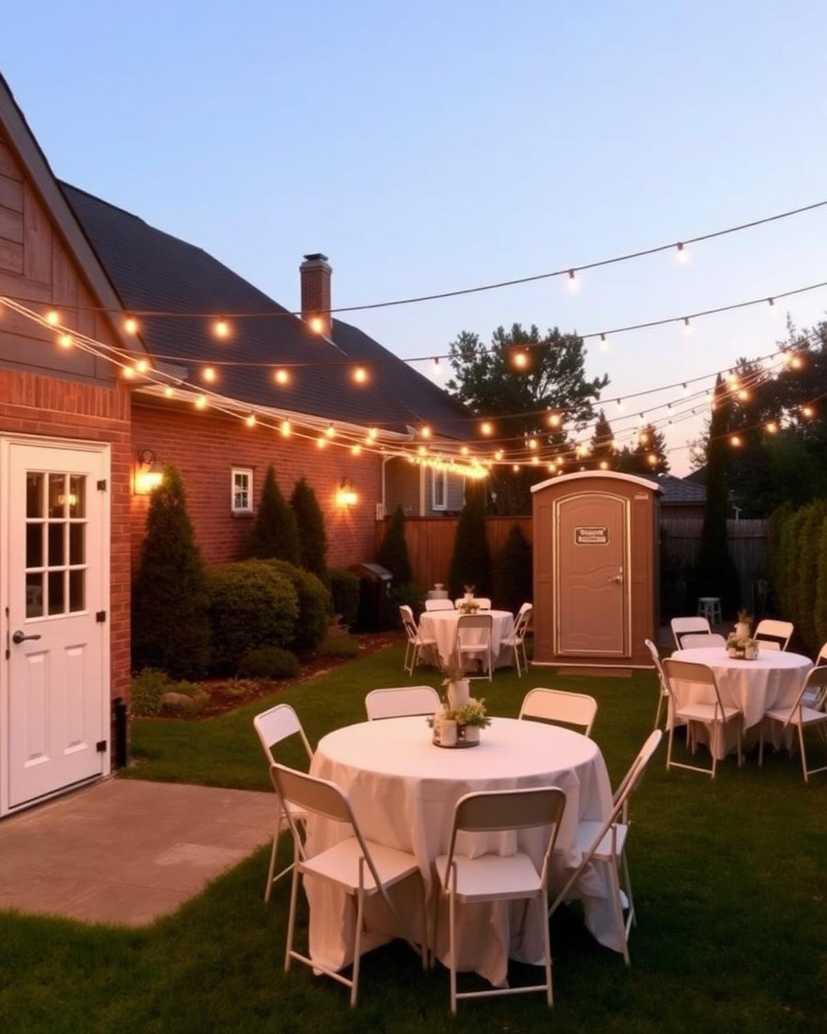 Portable restroom at an elegant backyard graduation party