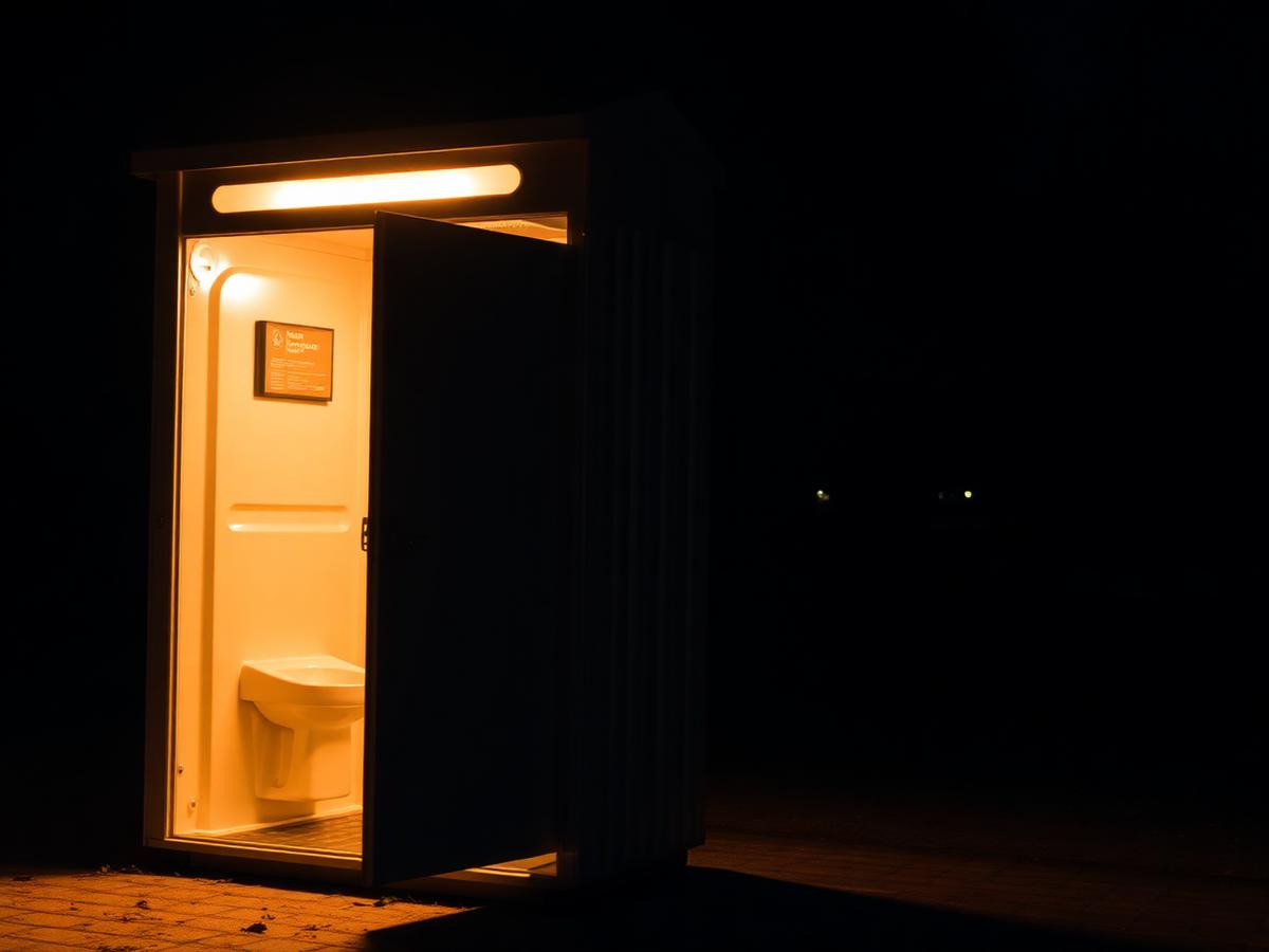 Portable restroom glowing at night from interior LED lighting